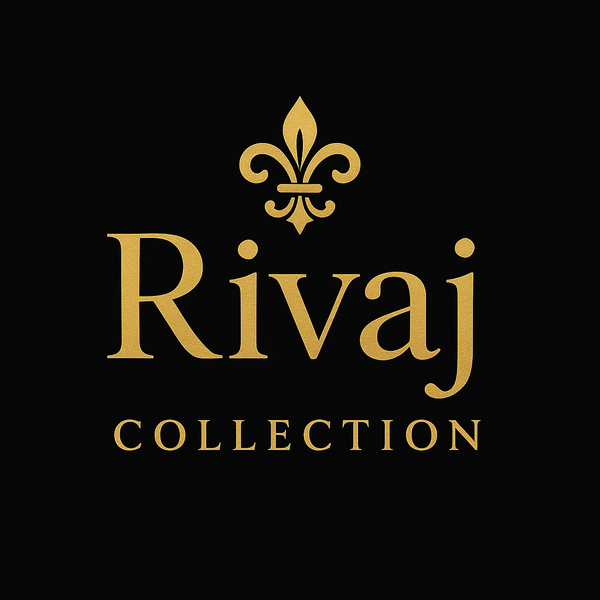 Gold 'Rivaj Collection' logo on a black background
